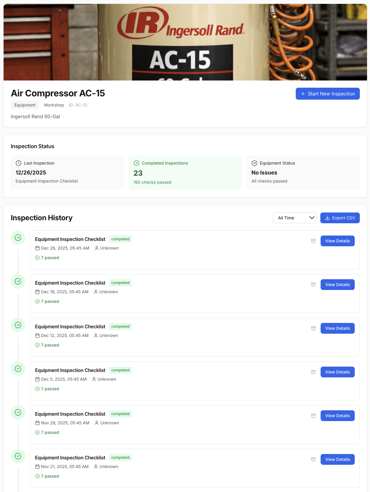 Inspection history showing completed inspections with dates, status, and audit trail